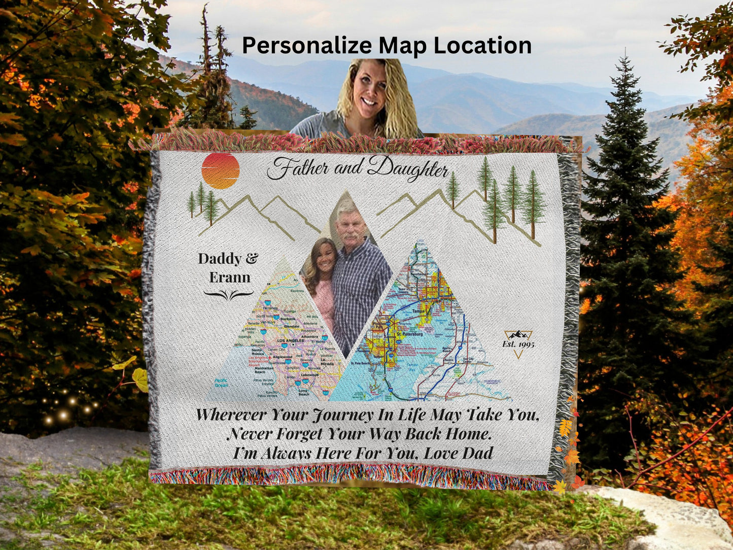 Personalized Father-Daughter Distance Blanket | Mountain Map Keepsake | Long-Distance Gift for Daughter| 50X60" Design2