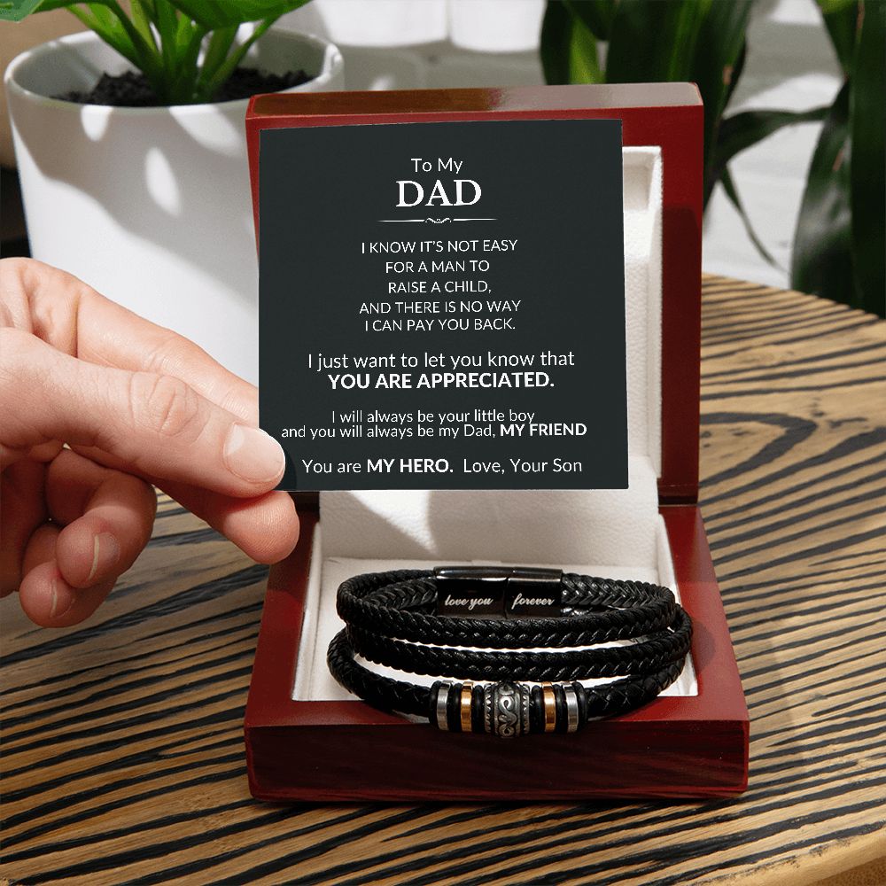 Bracelet Gift to Dad from Son Braided Vegan Leather for Birthday, Fathers Day, Christmas, Any Occasion