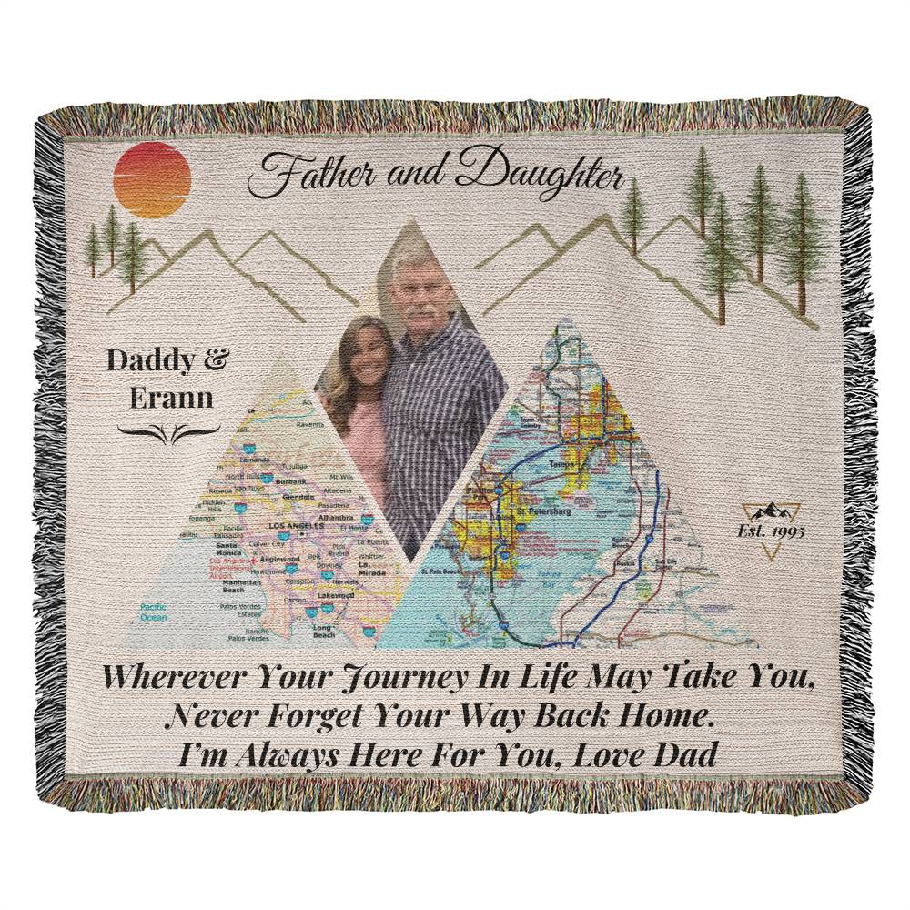 Personalized Father-Daughter Distance Blanket | Mountain Map Keepsake | Long-Distance Gift for Daughter| 50X60" Design2