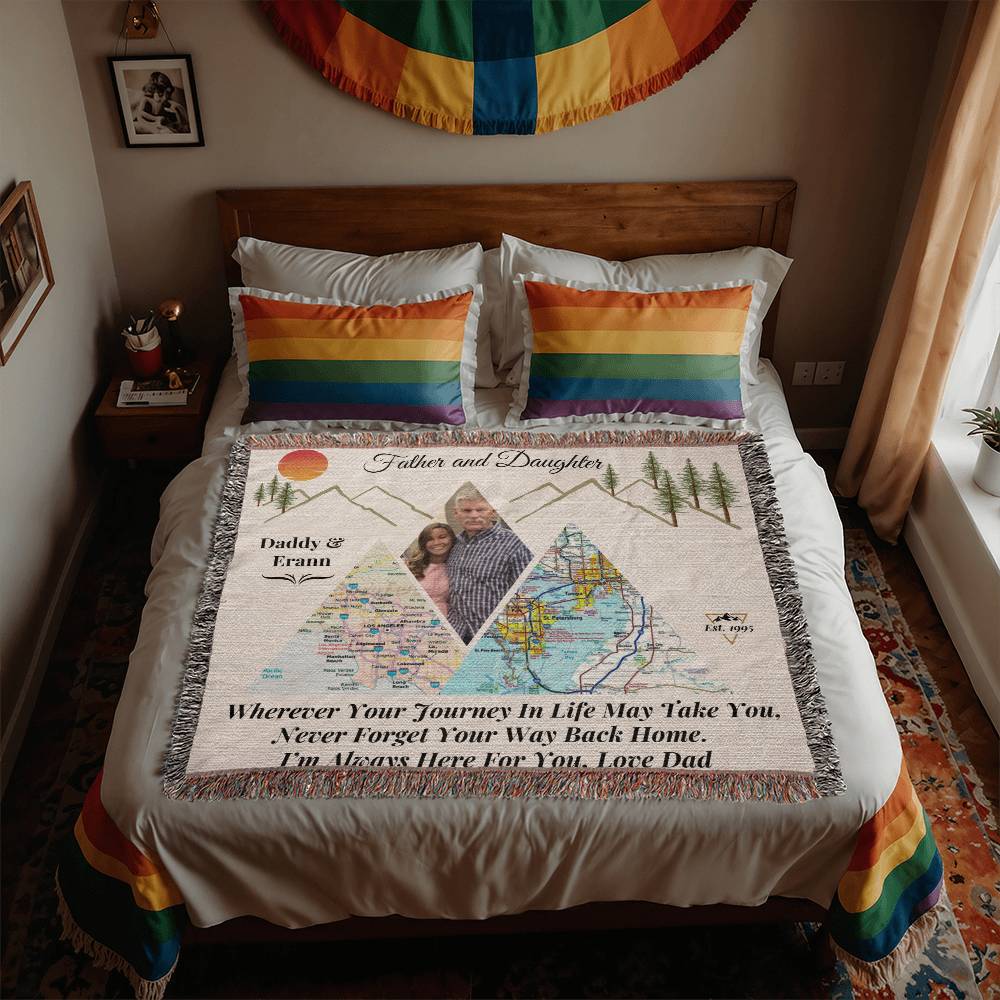 Personalized Father-Daughter Distance Blanket | Mountain Map Keepsake | Long-Distance Gift for Daughter| 50X60" Design2