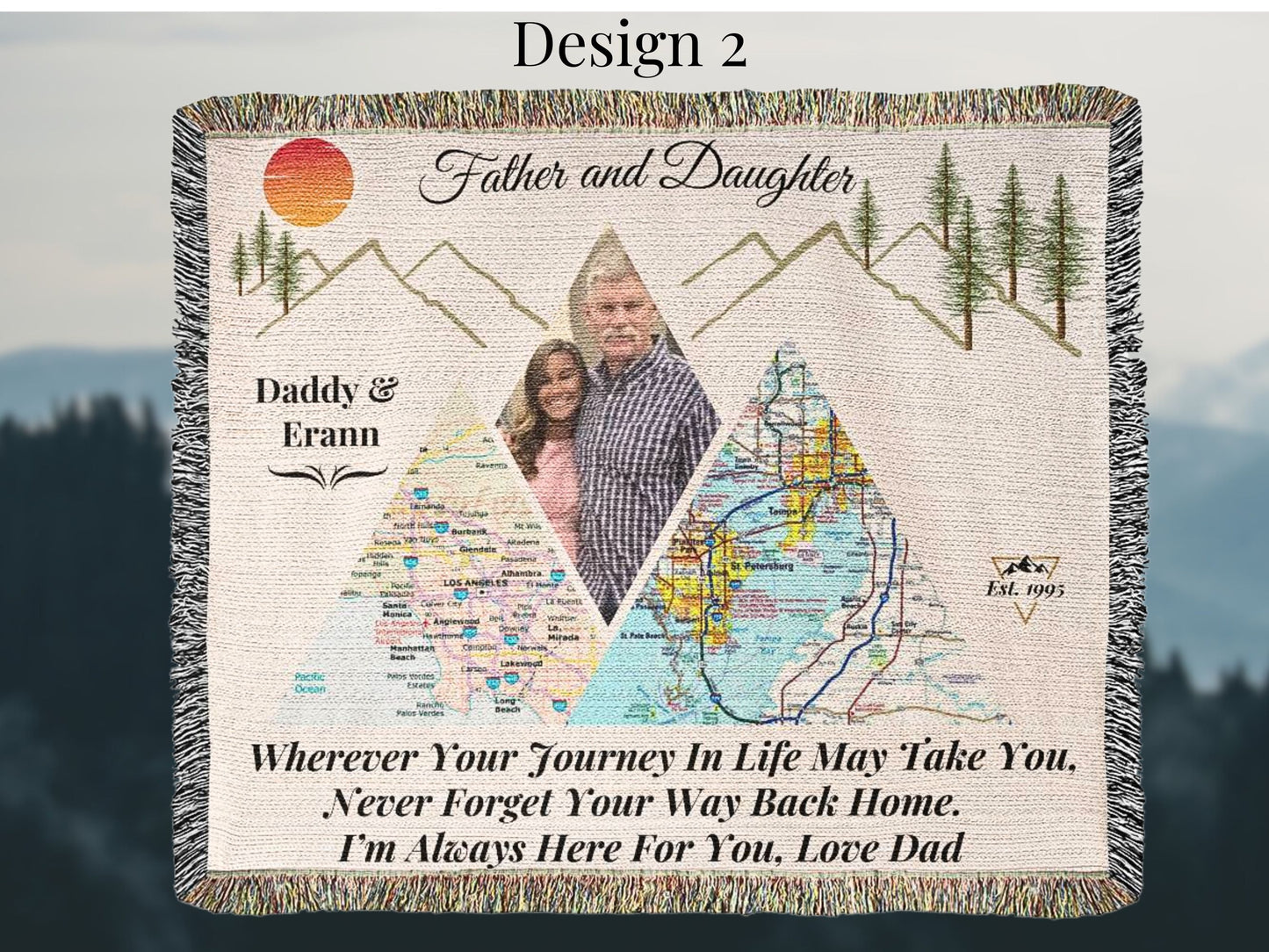 Personalized Father-Daughter Distance Blanket | Mountain Map Keepsake | Long-Distance Gift for Daughter| 50X60" Design2