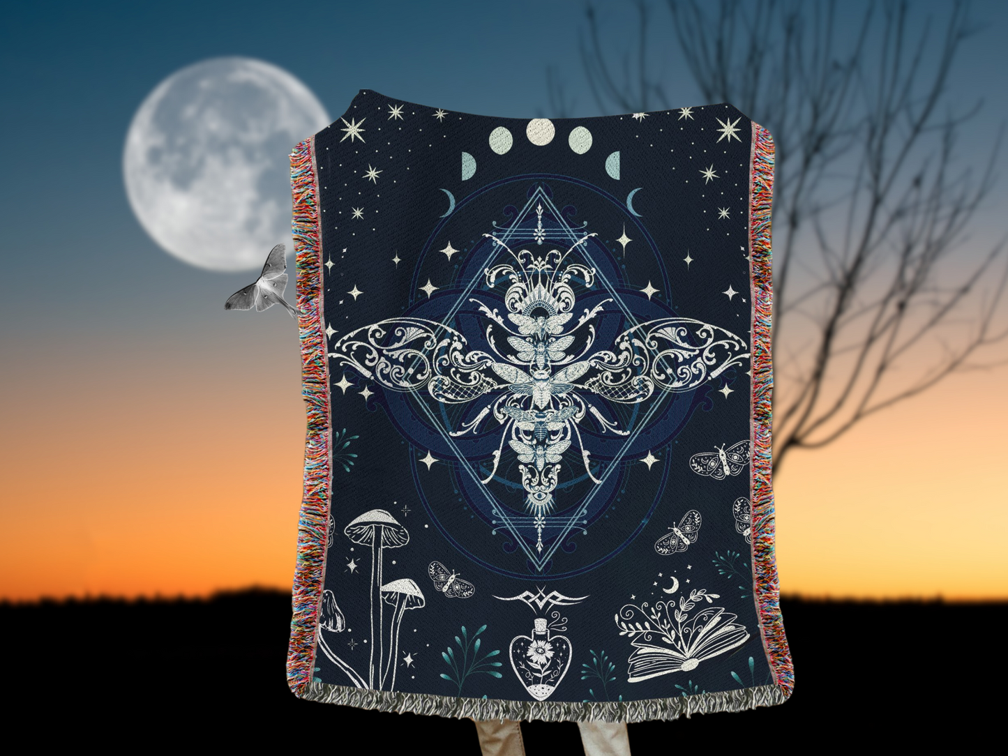 Luna Moth Woven Throw Blanket, Celestial Mushrooms, Spiritual Book, and Butterflies Throw, Home Decor 50x60" Dorm Room, Gift for Daughter or Best Friend