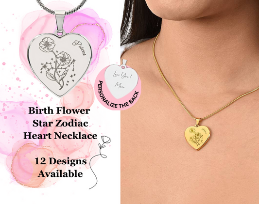 Personalize Birth Flower Star Zodiac Heart Necklace Unique Gift for Mom, Daughter, Sister, Best Friend(12 Months)