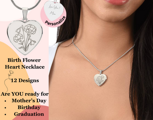 Birth Flower Heart Necklace Personalized Gift for Mother's Day, Birthday, Best Friend Gift (12 Flowers)