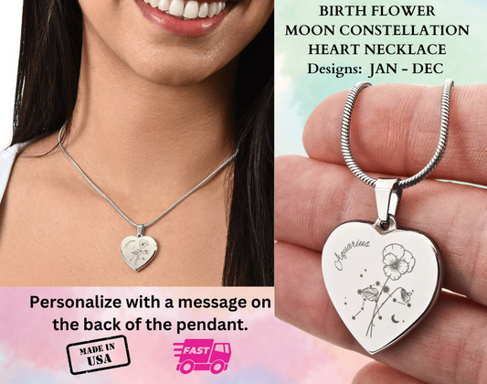 Personalized Dainty Birth Flower Moon Zodiac Constellation Heart Necklace Gift for Friend, Mom, Graduation, Special Occasions (12 Months)