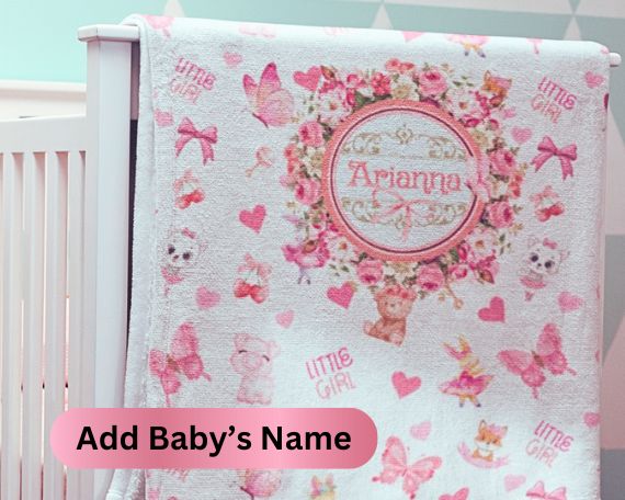 Floral Rose Custom Name Baby Blanket, Personalized Minky Touch Fleece Blanket