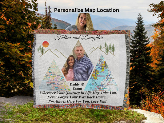 Personalized Father-Daughter Distance Blanket | Mountain Map Keepsake | Long-Distance Gift for Daughter| 50X60" Design 1