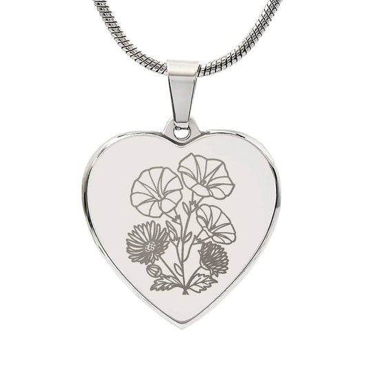 Birth Flower Heart Necklace Personalize September Morning Glory