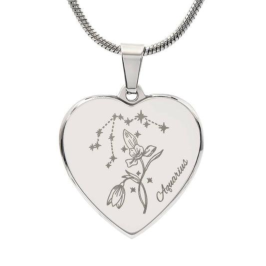 Personalize Birth Flower Star Zodiac Feb Aquarius Iris Heart Necklace