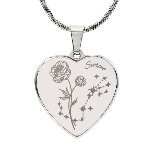 Personalize Birth Flower Star Zodiac Nov Scorpio Peony Heart Necklace