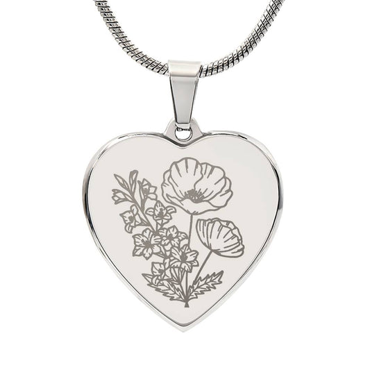 Birth Flower Heart Necklace Personalize August Poppy