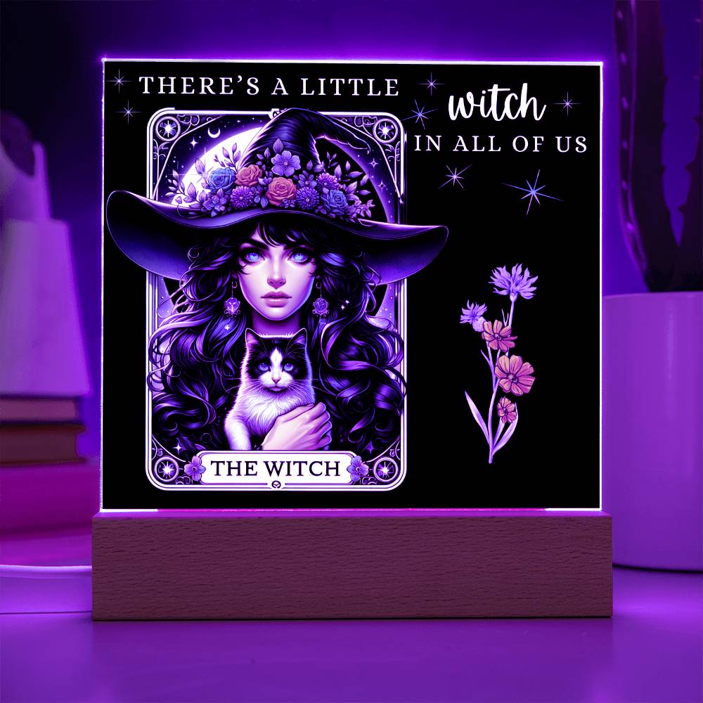 Enchanting Witch & Cat Tarot Card Acrylic Plaque | Halloween Decoration | Witchy Home Decor | "There's a Little Witch In All of Us" | Mystical Plaque