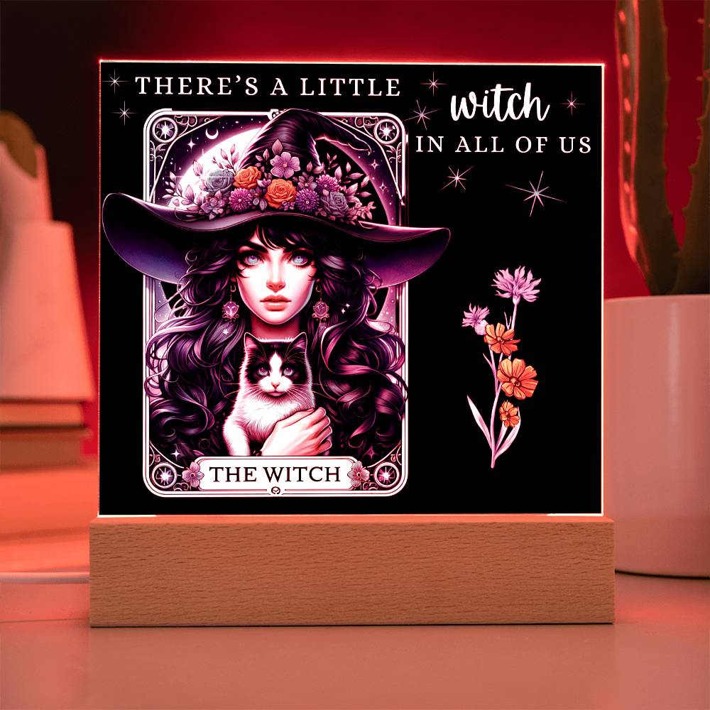 Enchanting Witch & Cat Tarot Card Acrylic Plaque | Halloween Decoration | Witchy Home Decor | "There's a Little Witch In All of Us" | Mystical Plaque