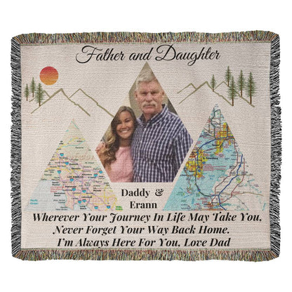 Personalized Father-Daughter Distance Blanket | Mountain Map Keepsake | Long-Distance Gift for Daughter| 50X60" Design 1