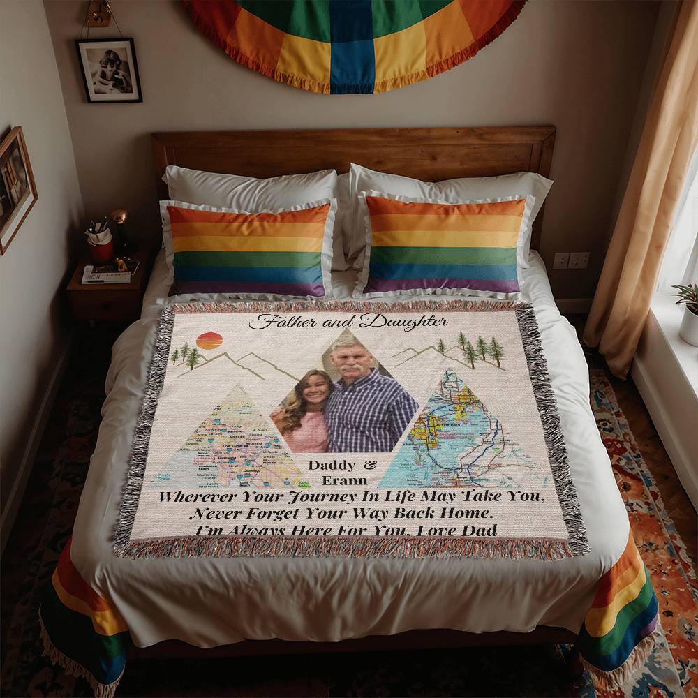 Personalized Father-Daughter Distance Blanket | Mountain Map Keepsake | Long-Distance Gift for Daughter| 50X60" Design 1