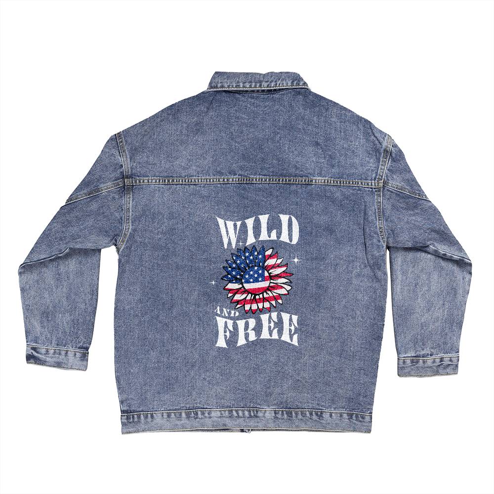 Wild and Free Patriotic Sunflower Oversized Womens Jean Jacket | American Freedom Denim | USA Pride Apparel