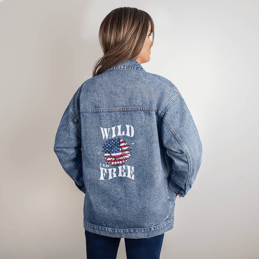 Wild and Free Patriotic Sunflower Oversized Womens Jean Jacket | American Freedom Denim | USA Pride Apparel