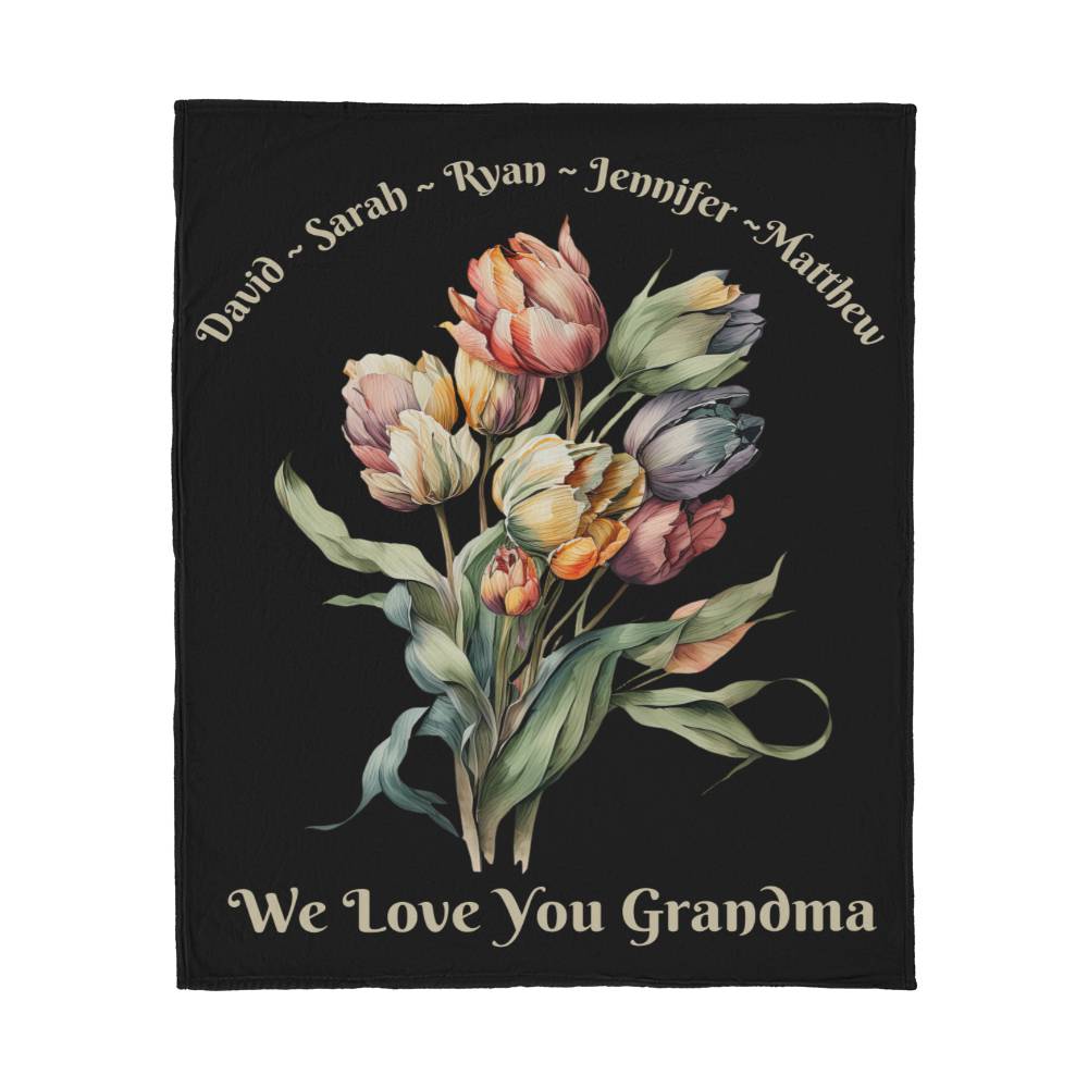 Personalized Jersey Fleece Blanket for Grandma Gift, Custom Bouquet of Tulips Blanket