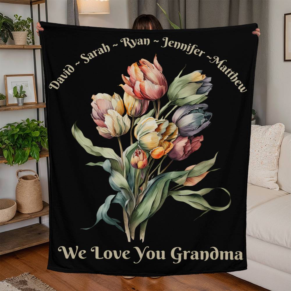 Personalized Jersey Fleece Blanket for Grandma Gift, Custom Bouquet of Tulips Blanket