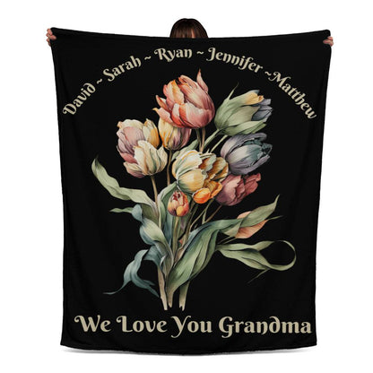 Personalized Jersey Fleece Blanket for Grandma Gift, Custom Bouquet of Tulips Blanket