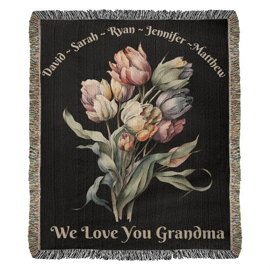 Personalized Grandma Tulip Blanket, Custom Woven Blanket Gift, Cottagecore Flower Throw