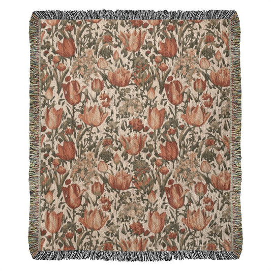 Floral Cottagecore Blanket Throw Tulips, Fields of Orange and Peach Flowers, Woven Throw Blanket, Gift for Mom, Grandma, Dear Friend