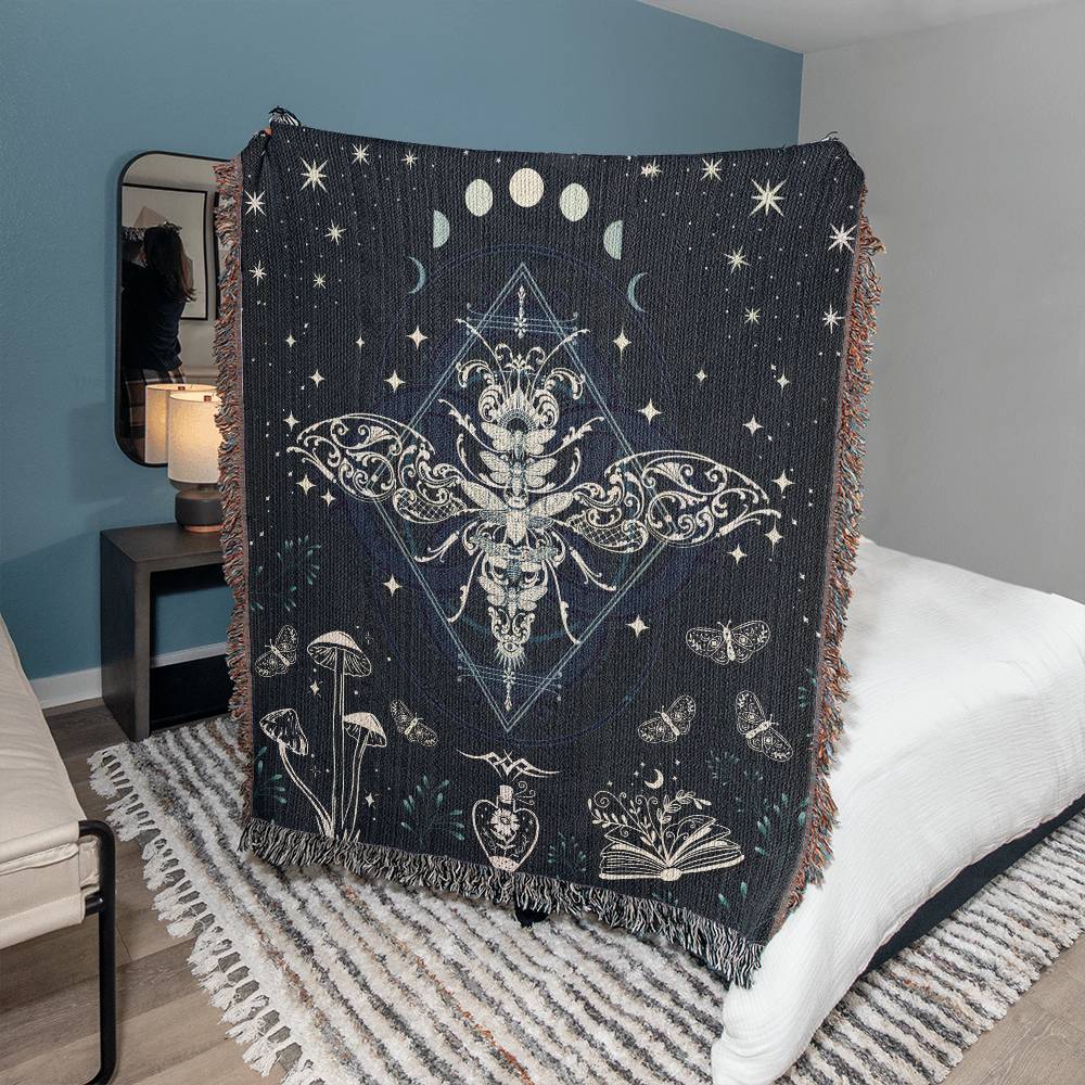 Luna Moth Woven Throw Blanket,  Celestial Mushrooms,  Spiritual Book, and Butterflies Throw, Home Decor 50x60" Dorm Room, Gift for Daughter or Best Friend