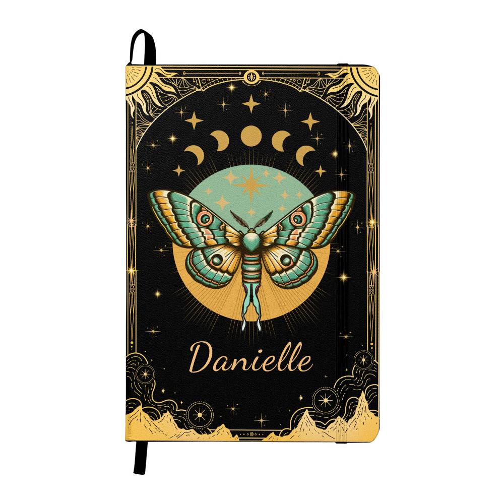 Luna Moth Star and Moon Phases Hardcover Journal, Personalized Celestial Notebook