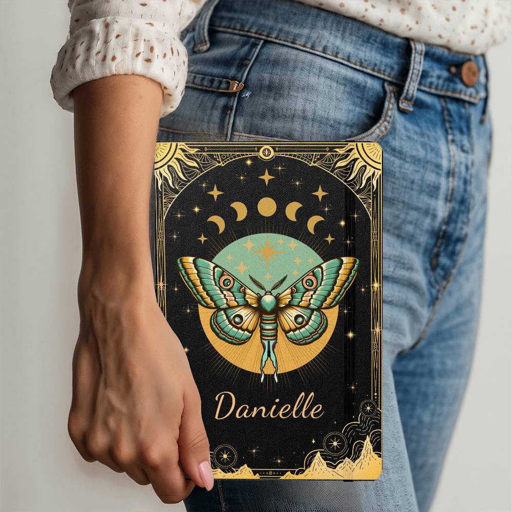 Luna Moth Star and Moon Phases Hardcover Journal, Personalized Celestial Notebook