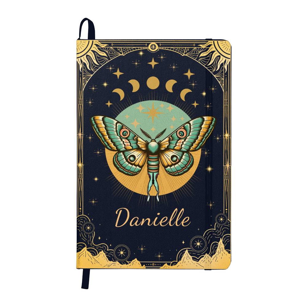 Luna Moth Star and Moon Phases Hardcover Journal, Personalized Celestial Notebook