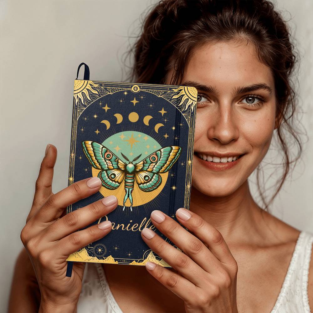 Luna Moth Star and Moon Phases Hardcover Journal, Personalized Celestial Notebook