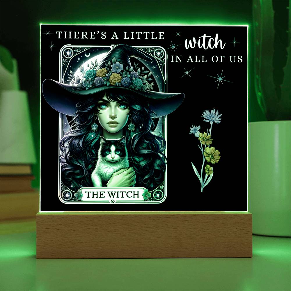 Enchanting Witch & Cat Tarot Card Acrylic Plaque | Halloween Decoration | Witchy Home Decor | "There's a Little Witch In All of Us" | Mystical Plaque