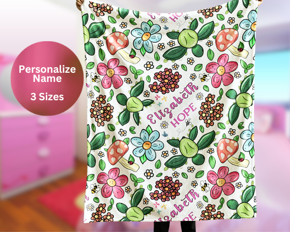 Custom Name Girl's Blanket Turtles Flowers Bees and Butterflies, Comfy Velveteen Blanket, Soft Cozy and Personalized, Girl Gift for any Occasion