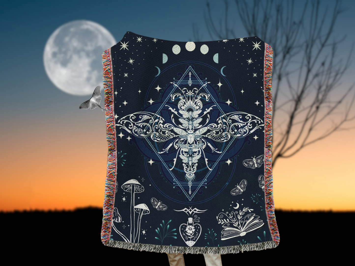 Luna Moth Woven Throw Blanket,  Celestial Mushrooms,  Spiritual Book, and Butterflies Throw, Home Decor 50x60" Dorm Room, Gift for Daughter or Best Friend