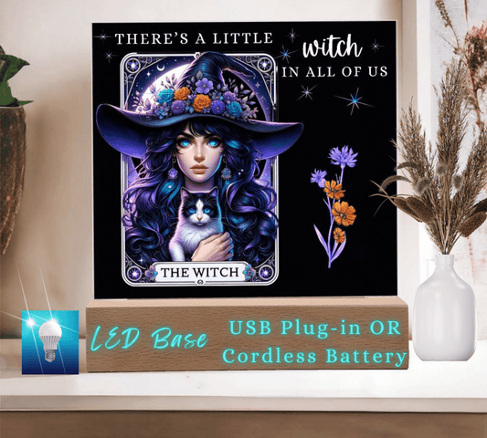 Enchanting Witch & Cat Tarot Card Acrylic Plaque | Halloween Decoration | Witchy Home Decor | "There's a Little Witch In All of Us" | Mystical Plaque