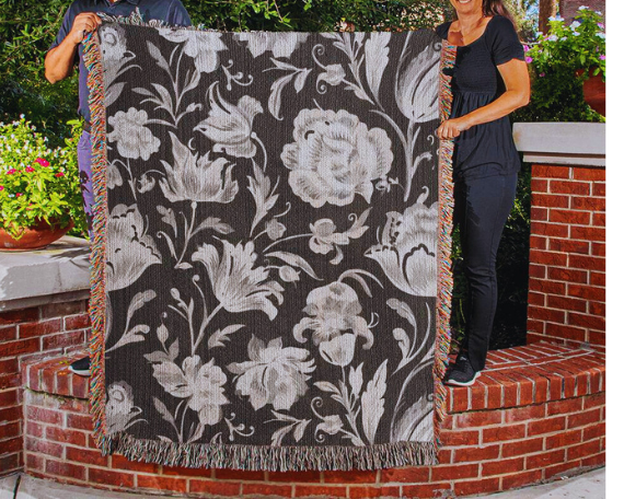 Silver Floral Woven Blanket for Her, Anniversary or Birthday Gift, Elegant Home Decor