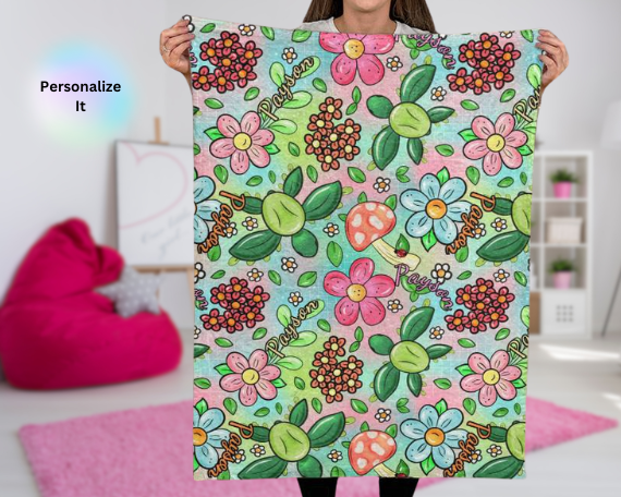 Personalized Turtles and Flowers Blanket, Custom Name Blanket for Girls