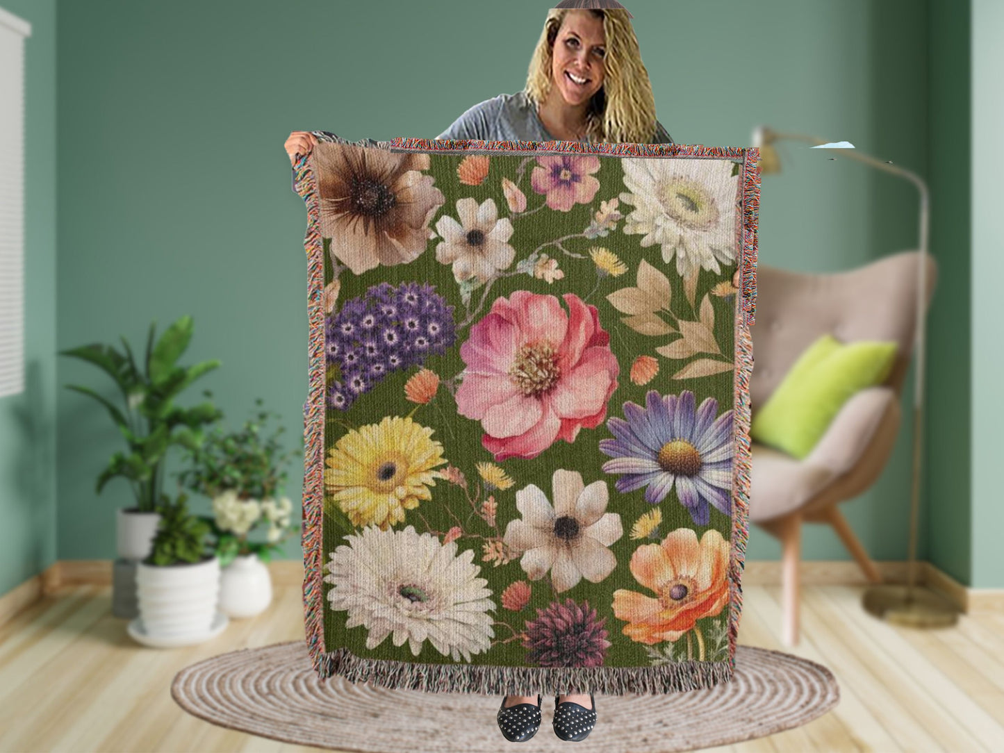 Wild Flowers Woven Throw, Dainty Floral Blanket, Cotton Throw 50x60"