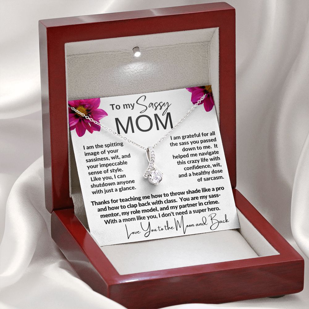 SASSY MOM|Gift from Daughter, Son, Grandma Jewelry Present, Alluring Beauty necklace, Heartwarming Message Card