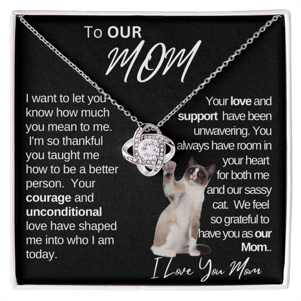 Our Mom Love and Support|Gift from Daughter Son , Grandma Cat present, Love Knot Necklace with Heartwarming Message CardV2