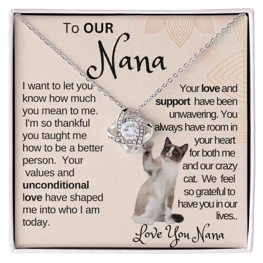 Our Supportive Nana|Gift from Grand Child,  Grandma Cat present, Love Knot Necklace with Heartwarming Message CardV5