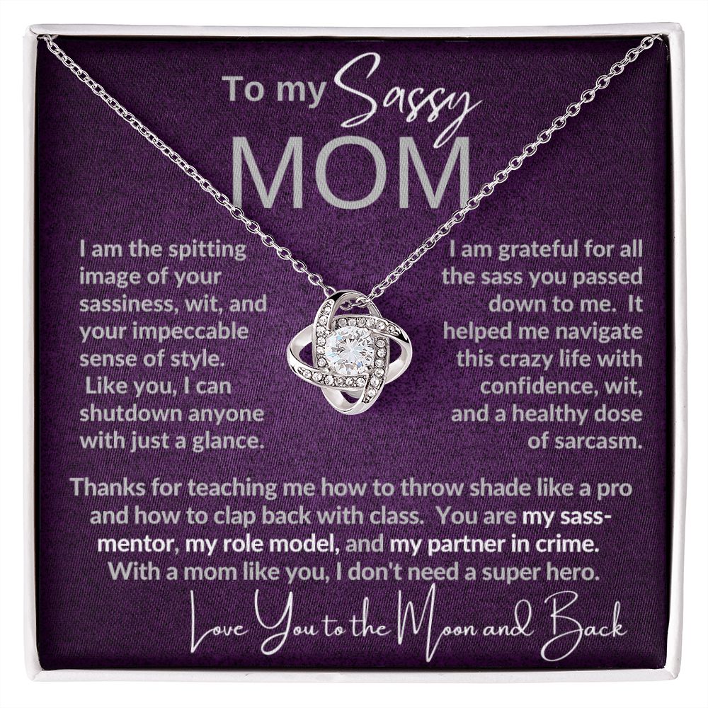 Sassy Mom | Gift from Daughter, Son, Grandma Cat present, Love Knot Necklace with Heartwarming Message Card V1