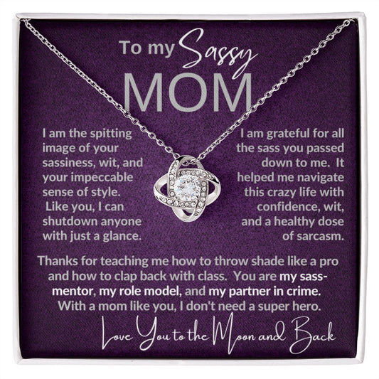 Sassy Mom | Gift from Daughter, Son, Grandma Cat present, Love Knot Necklace with Heartwarming Message Card V1