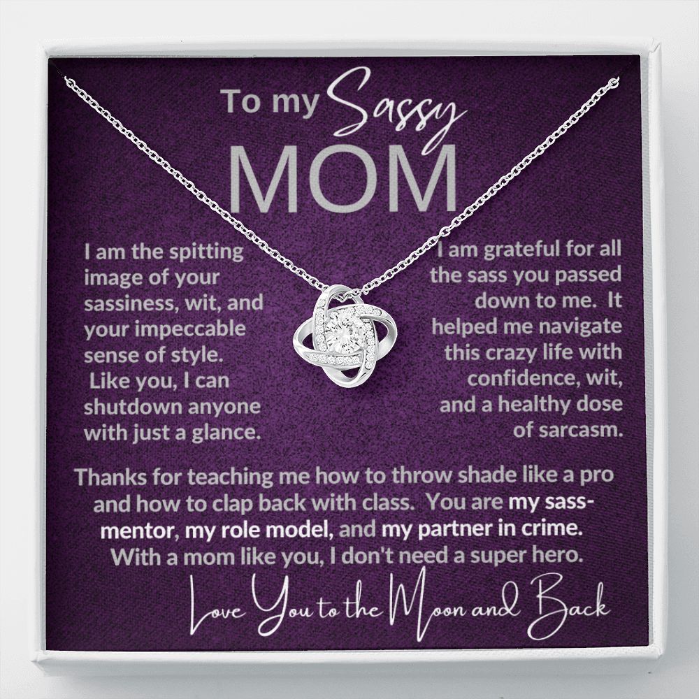 Sassy Mom | Gift from Daughter, Son, Grandma Cat present, Love Knot Necklace with Heartwarming Message Card V1