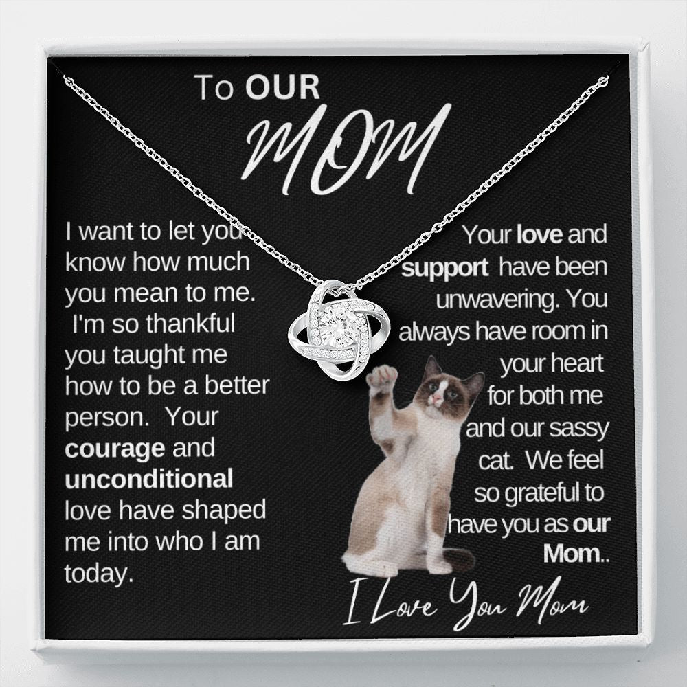 Our Mom Love and Support|Gift from Daughter Son , Grandma Cat present, Love Knot Necklace with Heartwarming Message CardV2
