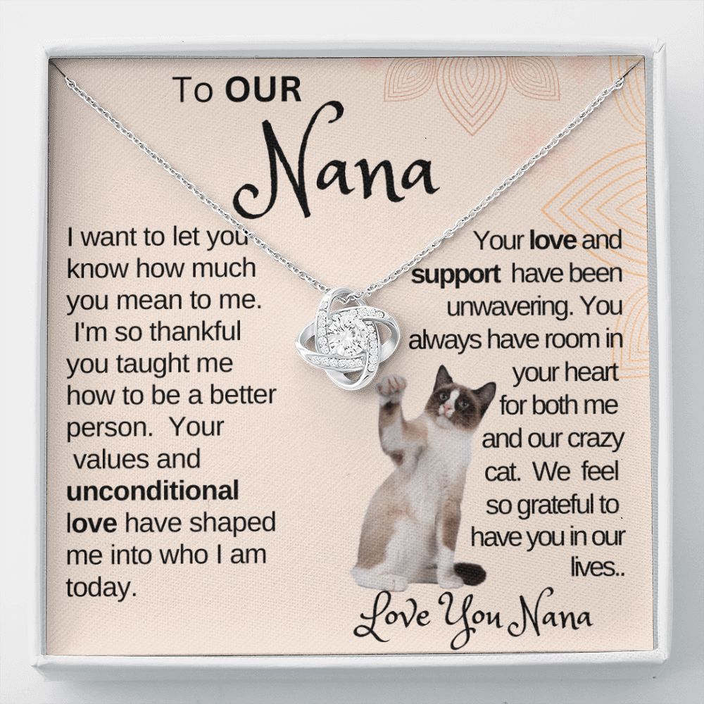 Our Supportive Nana|Gift from Grand Child,  Grandma Cat present, Love Knot Necklace with Heartwarming Message CardV5