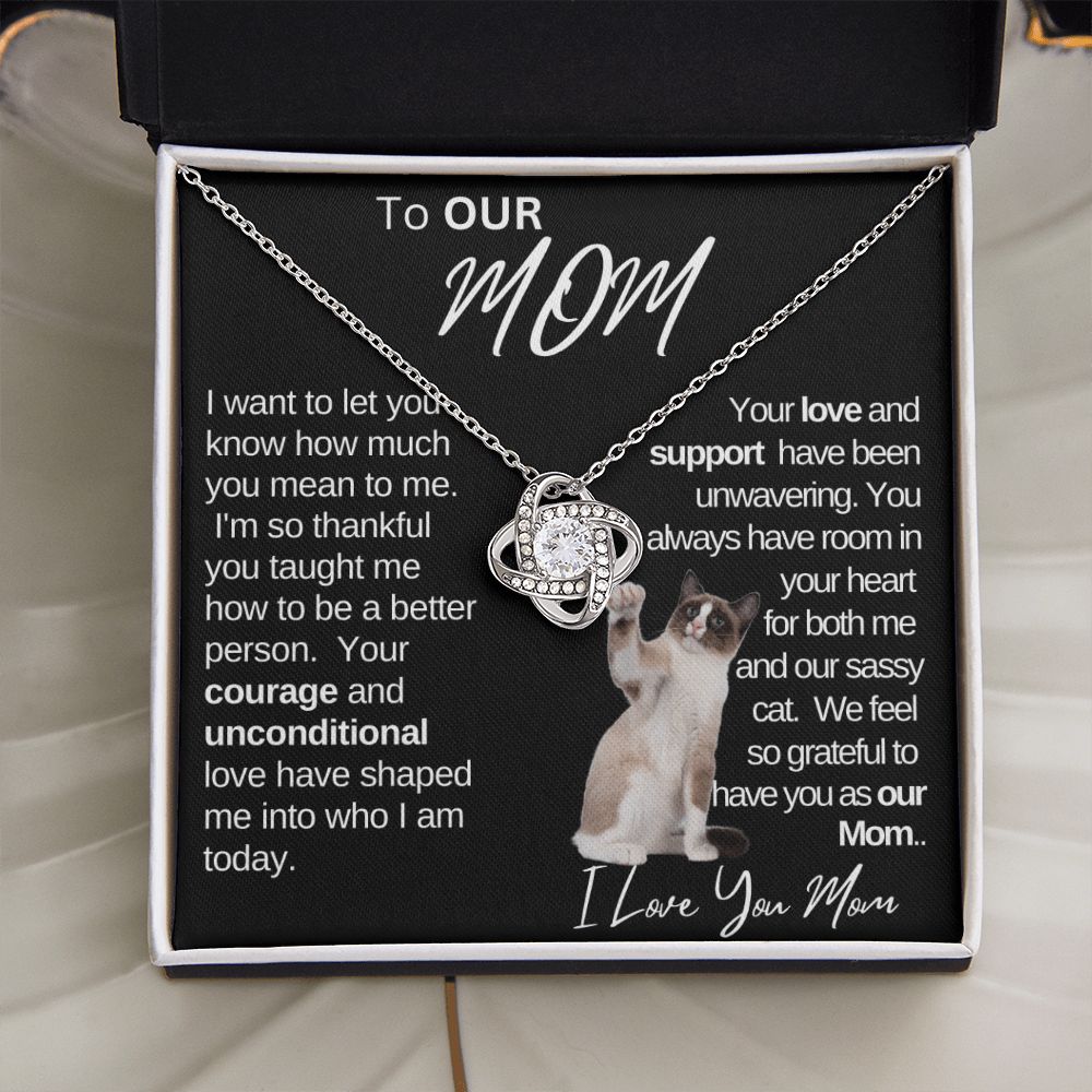 Our Mom Love and Support|Gift from Daughter Son , Grandma Cat present, Love Knot Necklace with Heartwarming Message CardV2
