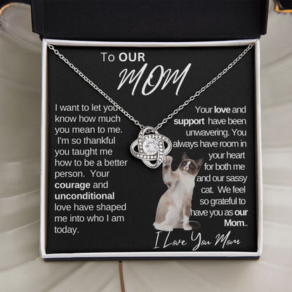 Our Mom Love and Support|Gift from Daughter Son , Grandma Cat present, Love Knot Necklace with Heartwarming Message CardV2