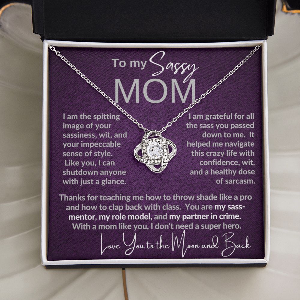 Sassy Mom | Gift from Daughter, Son, Grandma Cat present, Love Knot Necklace with Heartwarming Message Card V1