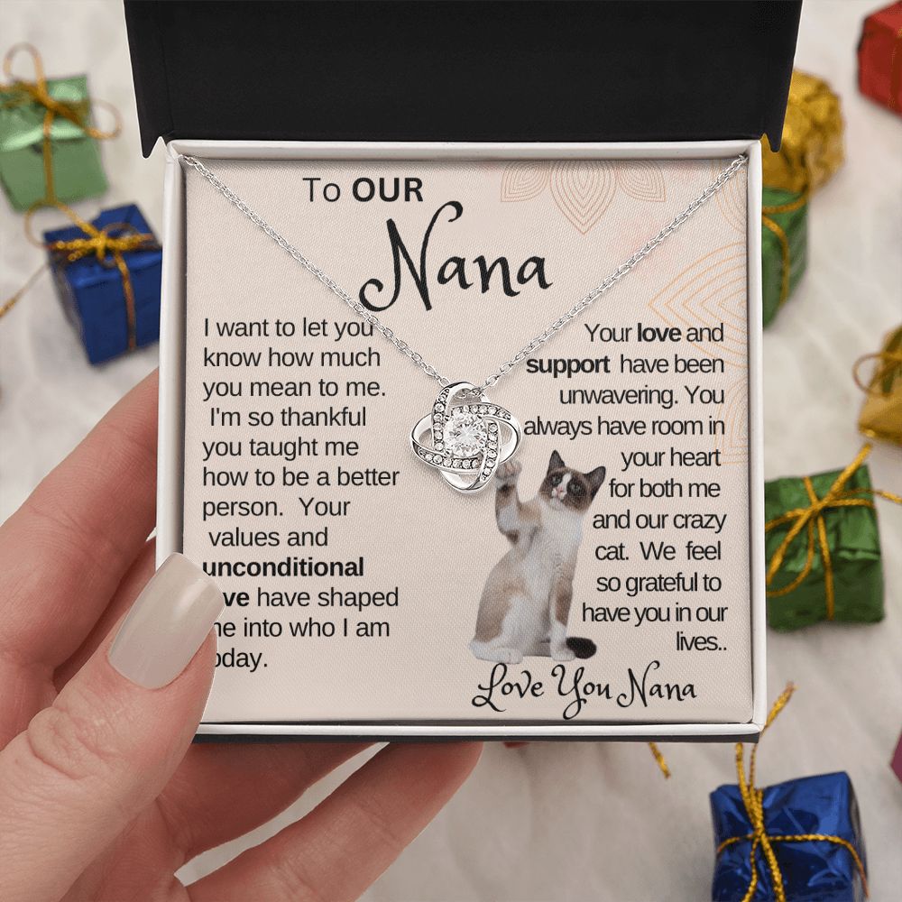 Our Supportive Nana|Gift from Grand Child,  Grandma Cat present, Love Knot Necklace with Heartwarming Message CardV5